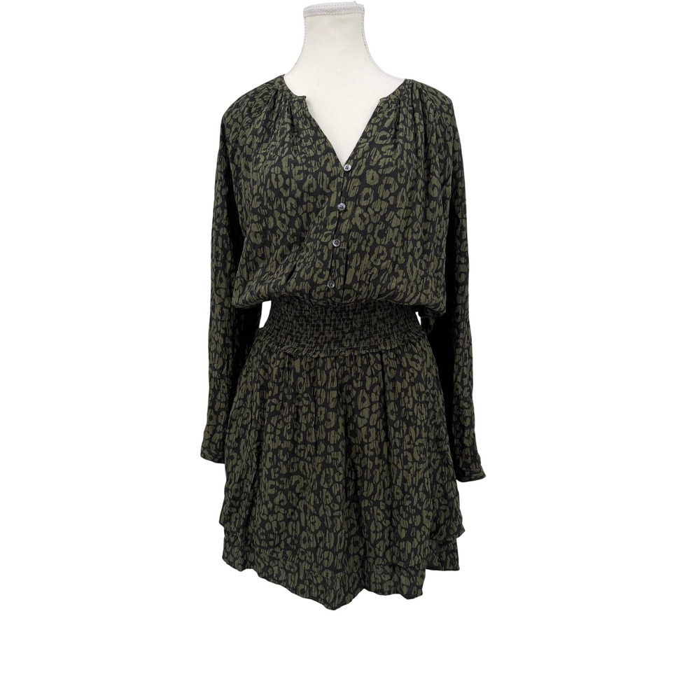 Rails Jasmine Dress Olive Batik Cheetah Smocked Waist V-Neck Mini Dress Medium